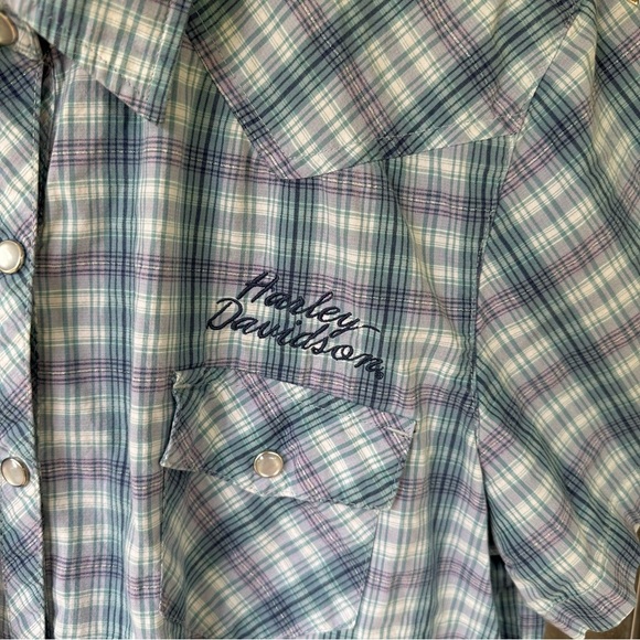 Harley-Davidson Large Short Sleeve Embroidered Blue Purple Silver Plaid Buttonup - Picture 8 of 8